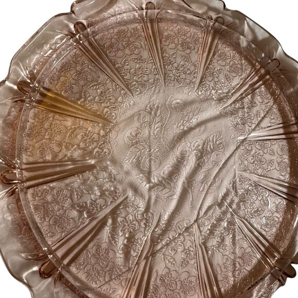 Vintage Jeanette Pink Depression Glass Platter Tray Handled Cherry Blossom - Picture 3 of 8